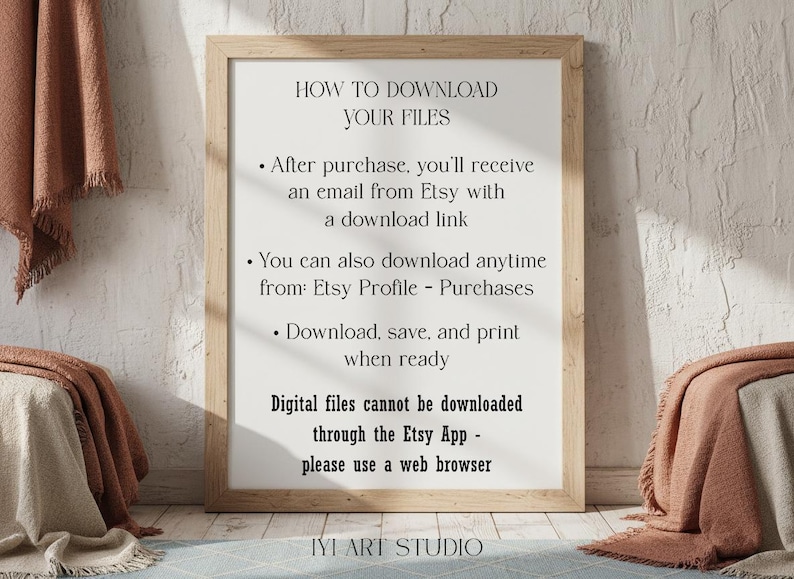 Puede incluir: Una impresi&oacute;n enmarcada con instrucciones sobre c&oacute;mo descargar archivos digitales comprados en Etsy. El texto incluye los pasos para descargar, guardar e imprimir los archivos. El marco es de color claro y el fondo es de color neutro.