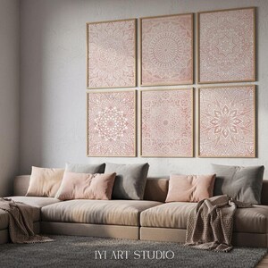 ピンクの曼荼羅ウォールアート6点セット：ボヘミアン風インテリアに最適なスピリチュアルアートプリント 画像 2