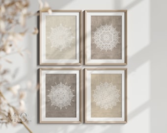 Beige Boho Gallery Wall Art, Neutral Mandala Print Set of 4, Boho Mandala Poster, Bohemian Style Art Decor