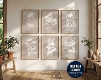 Neutral Floral Wall Art Set of 6: Beige Botanical Prints for Farmhouse Decor