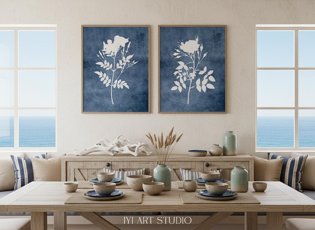 Navy Blue Floral Wall Art: Botanical Print Set of 3 for Bathroom Decor ...