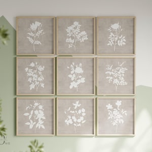 Set of 9 Prints Square, Rustic Farmhouse Floral Print, Neutral Botanical Poster, Square Gallery Wall Prints