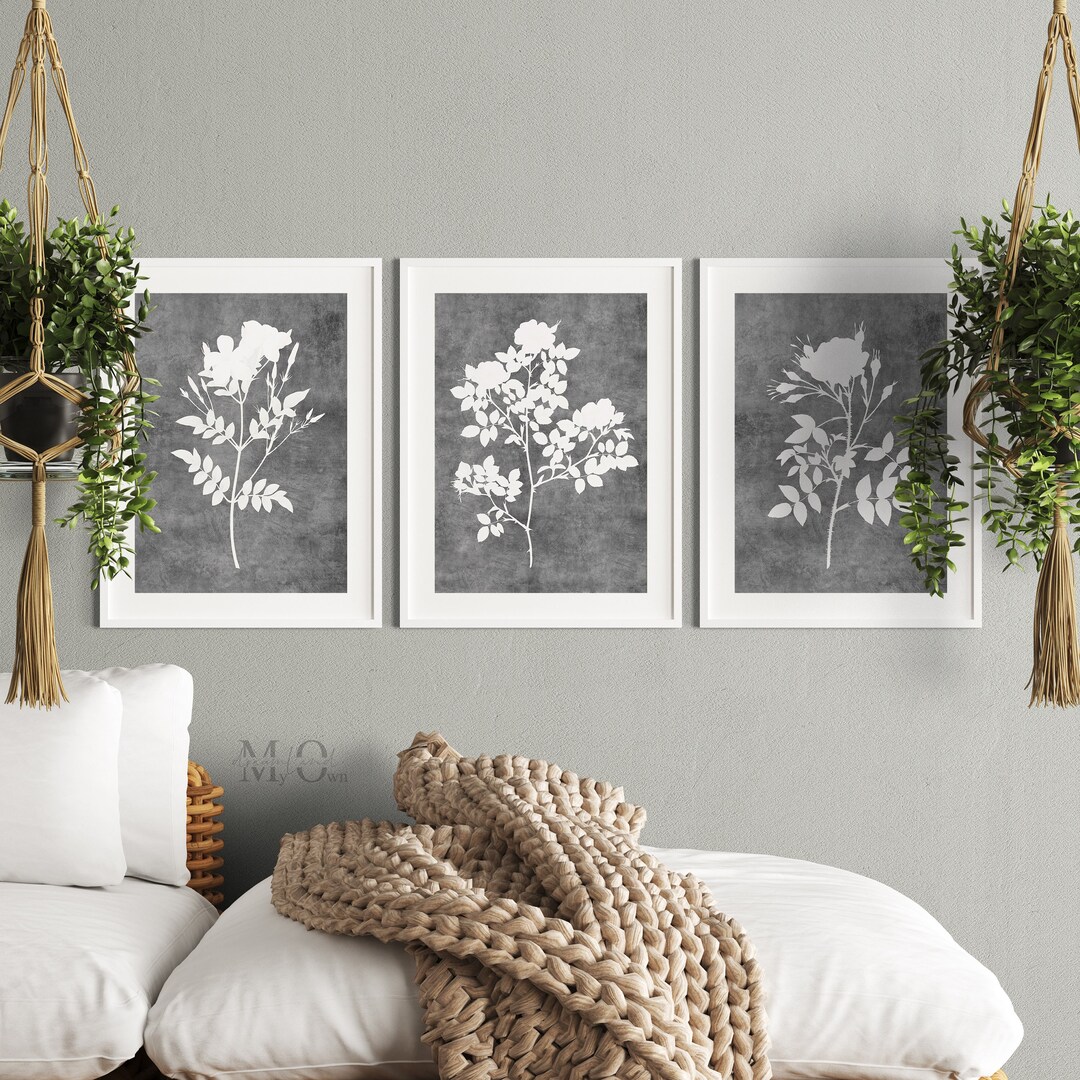 Gray White Floral Prints, Gray Living Room Wall Art, Charcoal Floral Poster, Farmhouse Gallery ...