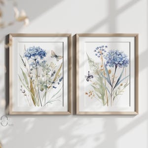 Aquarelprintset blauwe hortensia: botanische wilde bloemenkunst (digitale download)