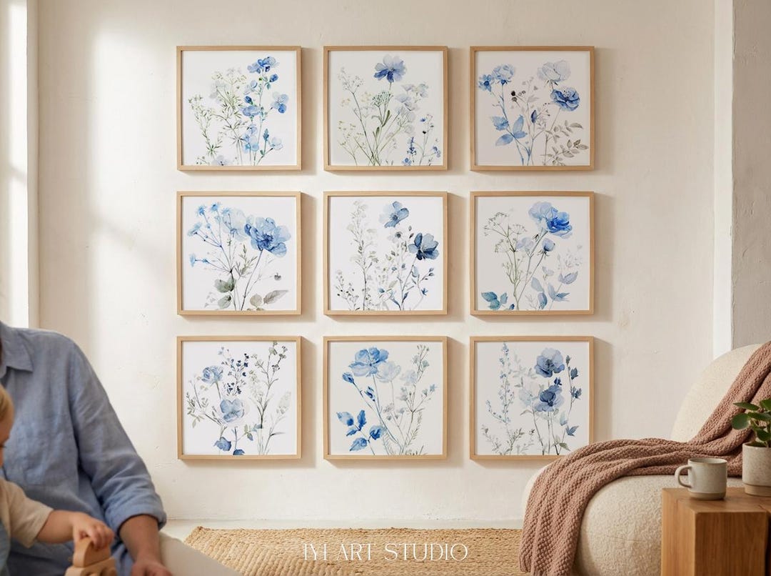 Blue Wildflower Wall Art Set of 9: Square Watercolor Botanical Prints ...