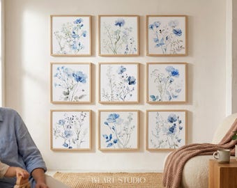 Blue Wildflower Wall Art Set of 9: Square Watercolor Botanical Prints for Instant Download
