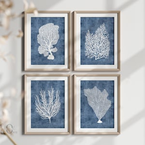 Navy Blue Coral Seaweed Art, Beach House Wall Art Digital, Ocean Theme Navy Prints, Blue Coastal Poster Set of 4
