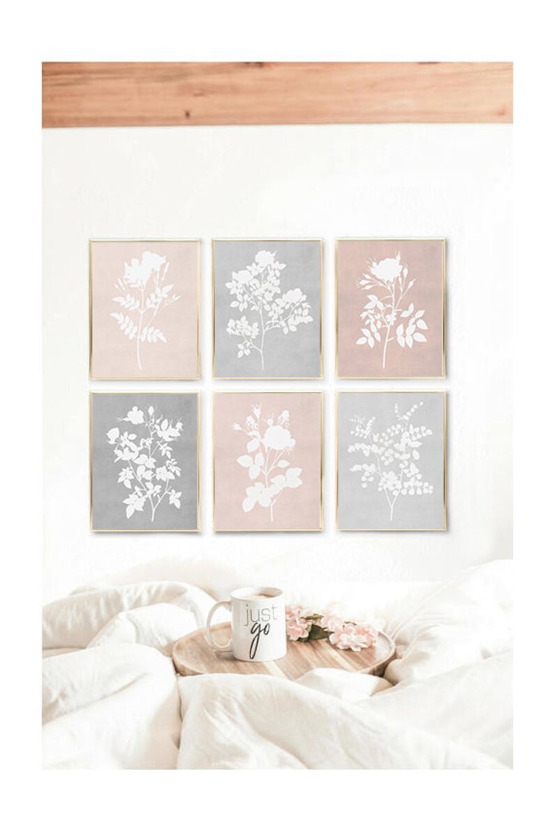 Gray Pink Flower Wall Art Set of 6 Bedroom Floral Artwork for | Etsy