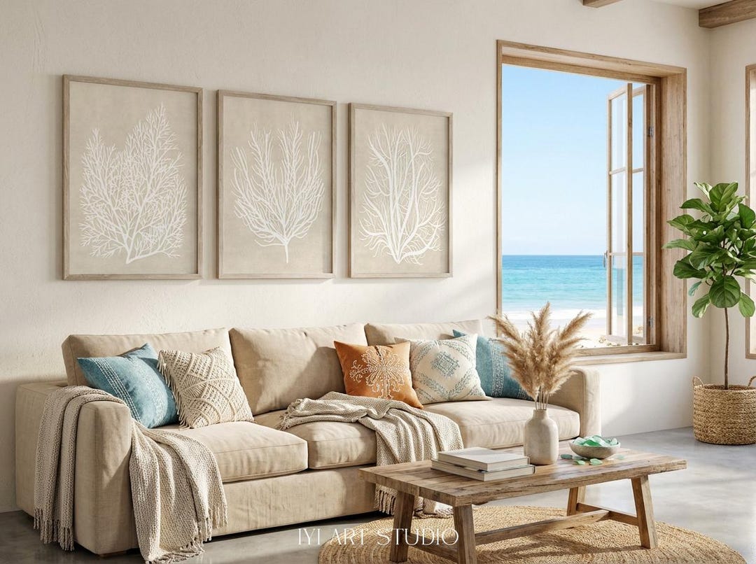 Coastal Coral Print Set of 3: Boho Beach Neutral Wall Art for Instant ...