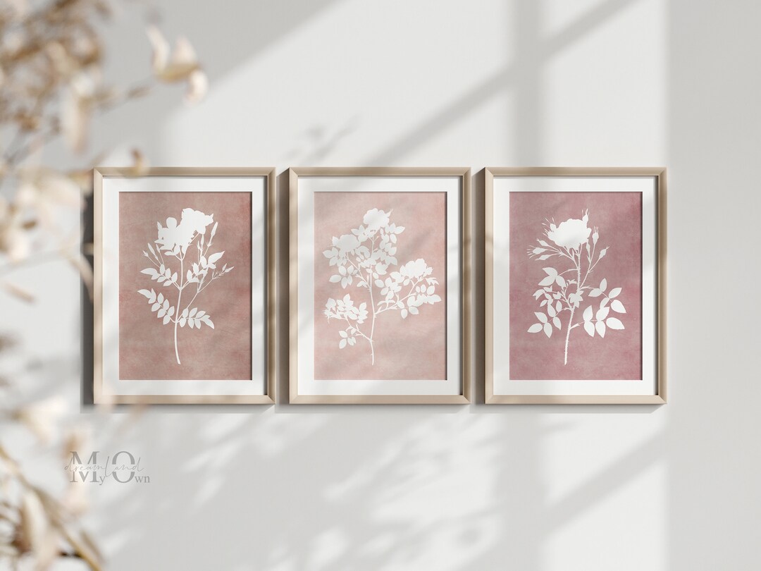Watercolor Floral Wall Art Pink, Botanical Digital Prints, Set of 3 ...