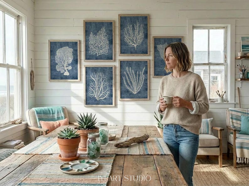 Navy Blue Coral Print Set of 6: Modern Coastal Wall Art, Ocean ...