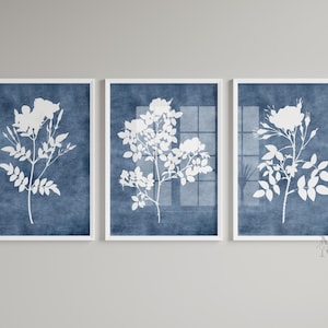 Navy Blue Floral Wall Art, Botanical Print Set of 3, Flower Posters Blue, Botanical Floral Picture