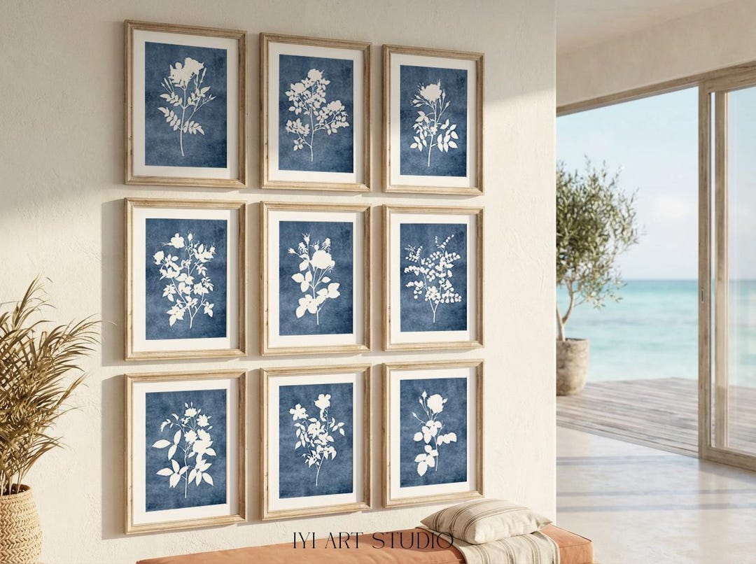 Blue Botanical Gallery Wall Art Set of 9: Navy Floral Print for Modern ...