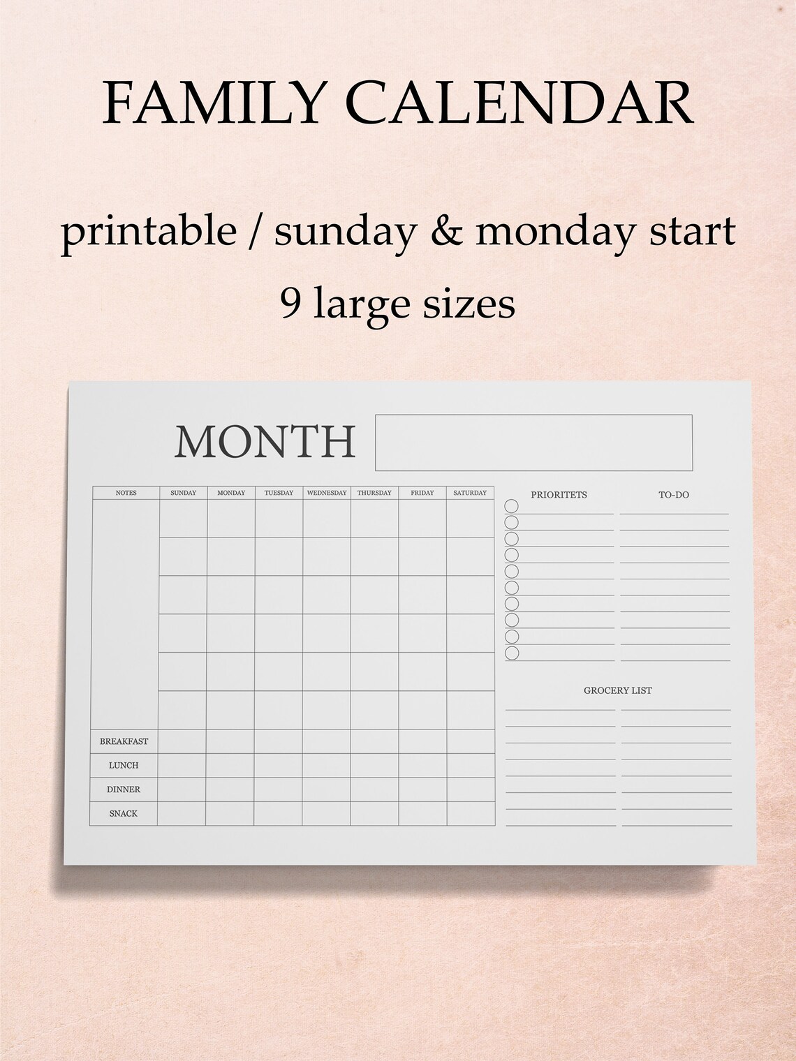 Calendario Familiar Imprimible Calendario de Pared de | Etsy