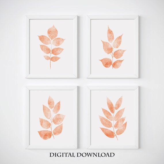 Coral Color Wall Art Print Set Of 4 Leaves Wall Art Peach Etsy