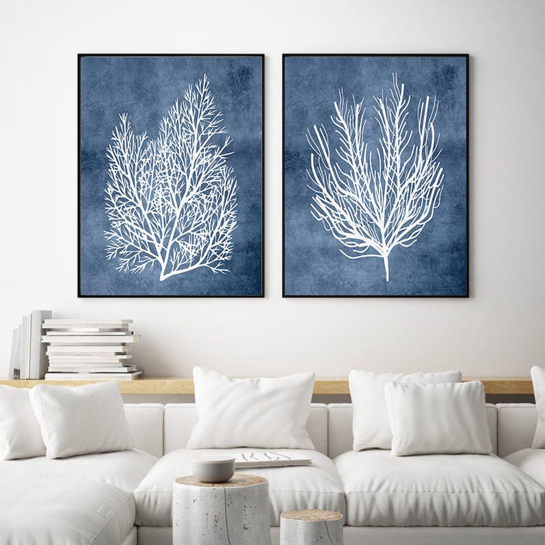 Navy Blue Coral Wall Decor Coastal Print Set of 2 Beach Etsy