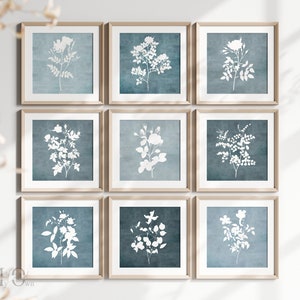 Square Wall Art Floral, Botanical Gallery Wall Set, Blue Square Print Set of 9, Blue Flower Botanical Print