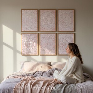ピンクの曼荼羅ウォールアート6点セット：ボヘミアン風インテリアに最適なスピリチュアルアートプリント 画像 5
