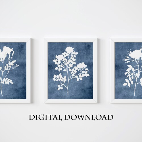 Set of 3 Prints Blue Wall Art Blue Flowers Print Set of 3 Etsy