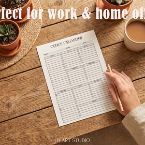 May include: A white paper office organizer planner sheet with black text and grid lines for tasks, calls, projects, and meetings. The document features the header OFFICE ORGANIZER and is positioned on a wooden surface with a pencil.