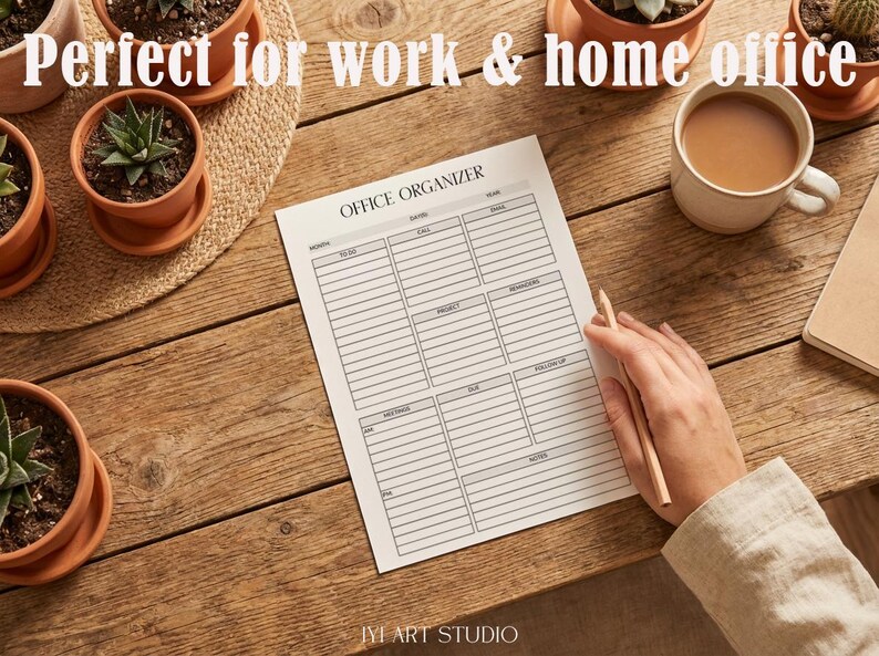 May include: A white paper office organizer planner sheet with black text and grid lines for tasks, calls, projects, and meetings. The document features the header OFFICE ORGANIZER and is positioned on a wooden surface with a pencil.