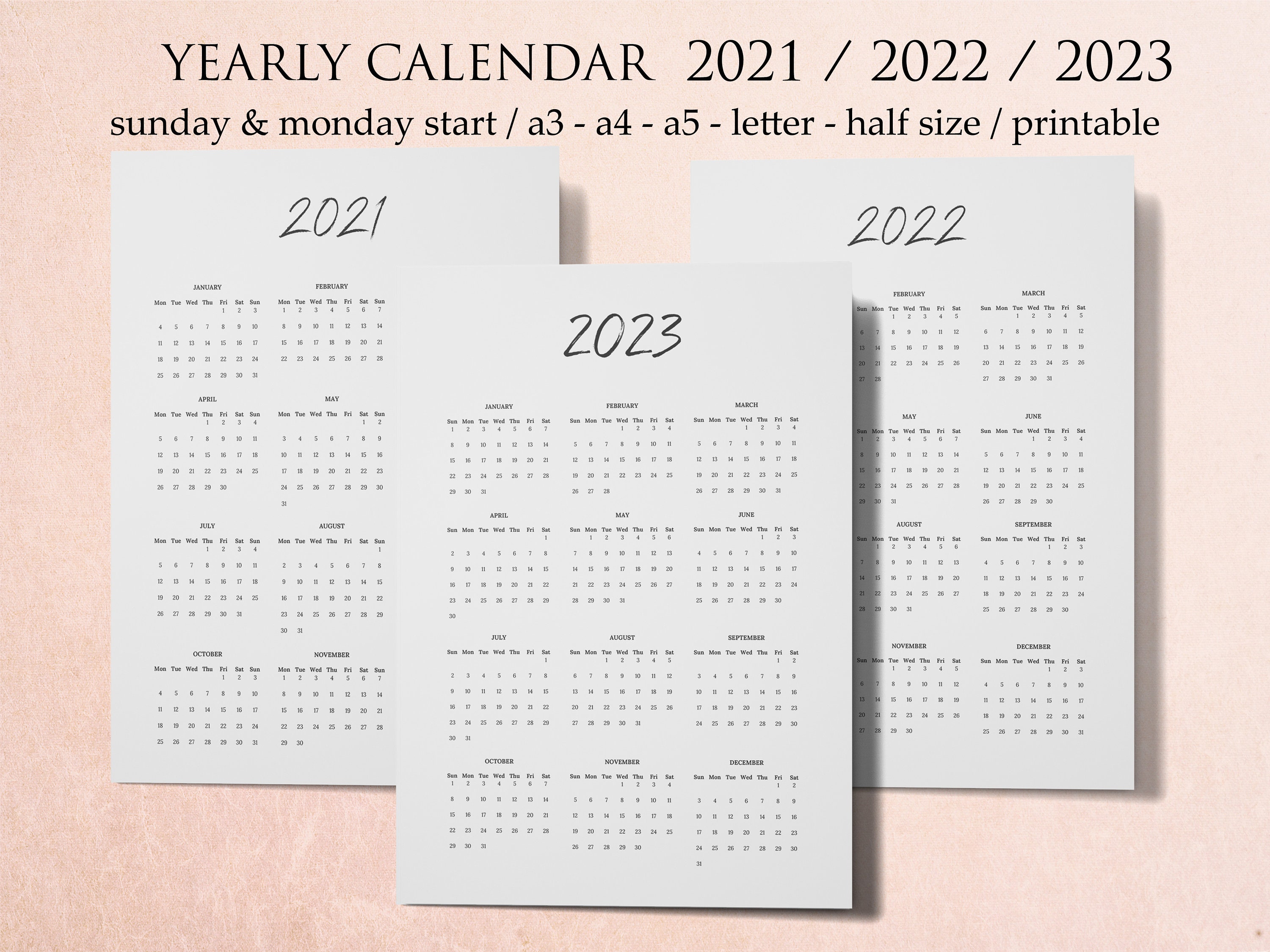 Yearly Calendar Printable 2021 Calendar Wall Minimalist Etsy