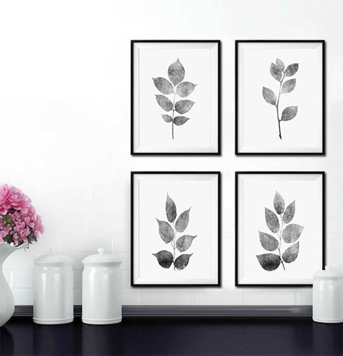 Downloadable Gray Leaves Wall Art Set of 4 Grey Botanical Etsy