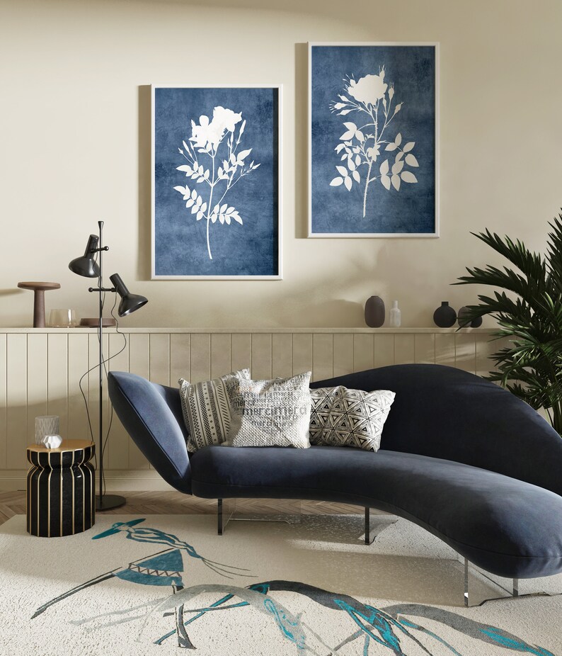 Set of 4 Prints Blue Flower Wall Art Set Navy Blue Wall Etsy