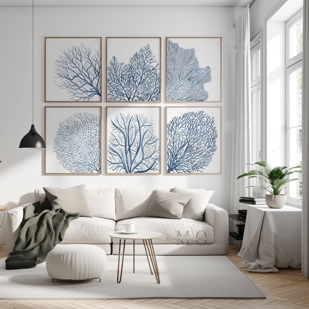 Blue Coral Wall Art, Watercolor Coastal Prints, Sea Coral Poster Set of