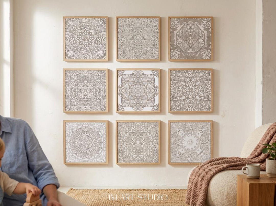 Beige Mandala Wall Art Set of 9 Prints: Boho Geometric Square Mandala ...