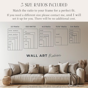 May include: A digital chart displaying 5 size ratios for wall art, including 2:3, ISO, 4:5, 11:14, and 3:4 ratios with specific dimensions in inches and centimeters. The text reads 5 SIZE RATIOS INCLUDED, WALL ART Ratios, and Created by IYI Art Studio.