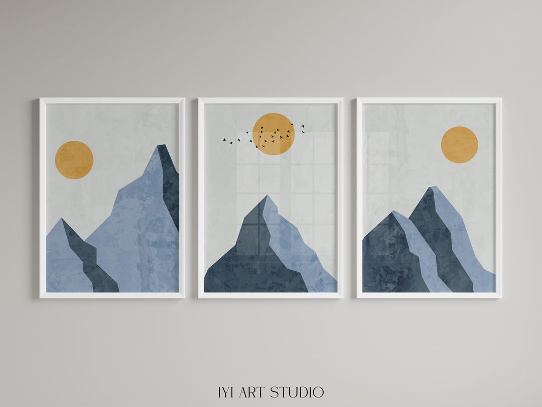 Mid Century Modern Mountain Print Set of 3: Boho Abstract Blue Wall Art ...