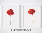 Downloadable Prints Set of 2, Red Flower Wall Art, Red Bedroom Decor, Poppy Flower Print