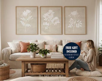 Cream Minimalist Floral Prints: Neutral Botanical Wall Art Set of 3, Organic Printable Decor