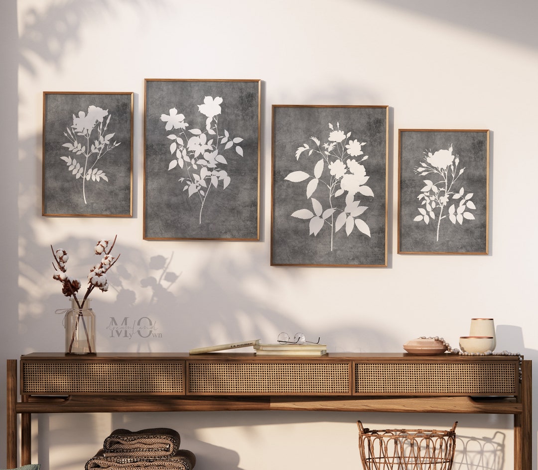 Gray Floral Wall Art, Set of 4 Printable Flowers, Botanical Prints Gray