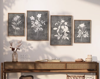 Graue, florale Wandkunst, Set mit 4 druckbaren Blumen, botanisches Poster grau, anthrazit