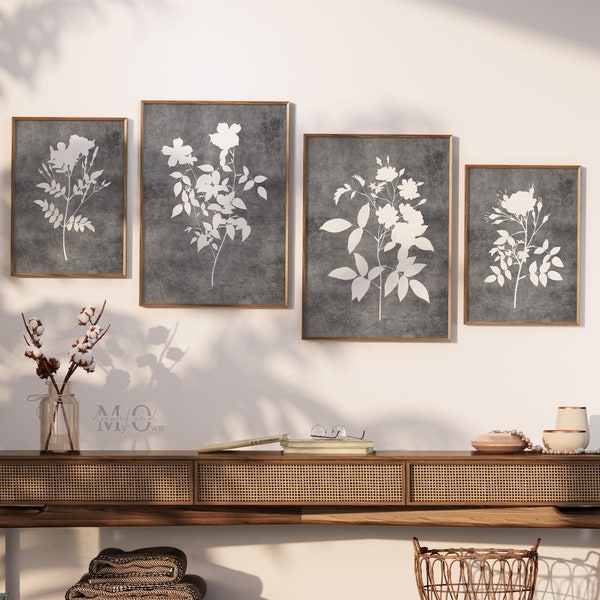 Gray Floral Wall Art, Set of 4 Printable Flowers, Botanical Prints Gray, Charcoal Floral Poster