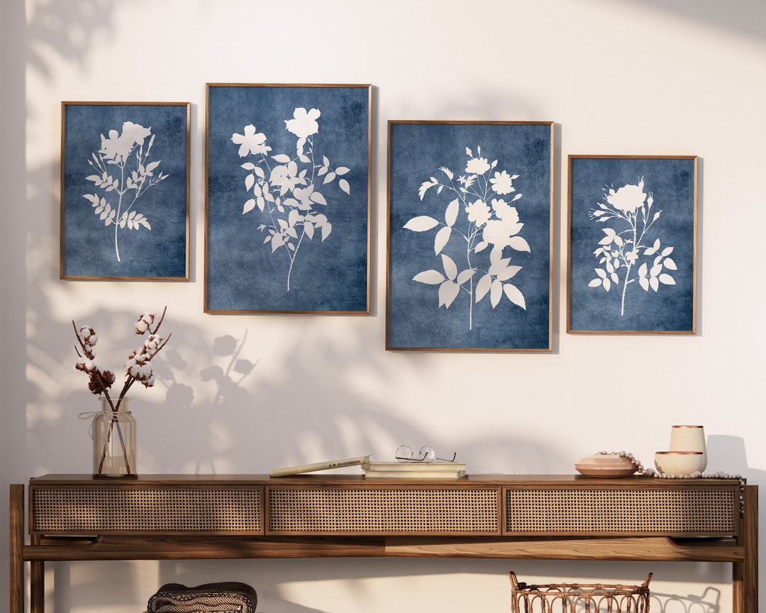 Navy Blue Botanical Wall Art Decor Floral Printable Set of 4 Etsy