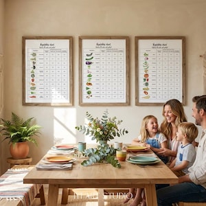Puede incluir: Tres cuadros enmarcados de verduras cuelgan de la pared de un comedor. Los cuadros muestran ilustraciones de verduras. Una familia est&aacute; sentada a una mesa de comedor de madera con platos coloridos. Un jarr&oacute;n con flores est&aacute; en el centro.