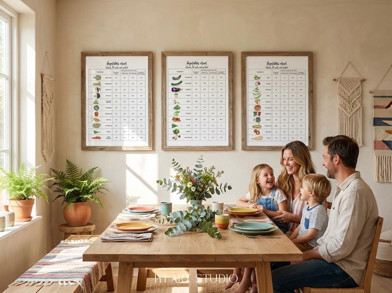 Puede incluir: Tres cuadros enmarcados de verduras cuelgan de la pared de un comedor. Los cuadros muestran ilustraciones de verduras. Una familia est&aacute; sentada a una mesa de comedor de madera con platos coloridos. Un jarr&oacute;n con flores est&aacute; en el centro.