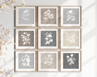 Square Flower Wall Art, Farmhouse Poster Set of 9, Square Gallery Wall Prints, Neutral Farm Wall Decor