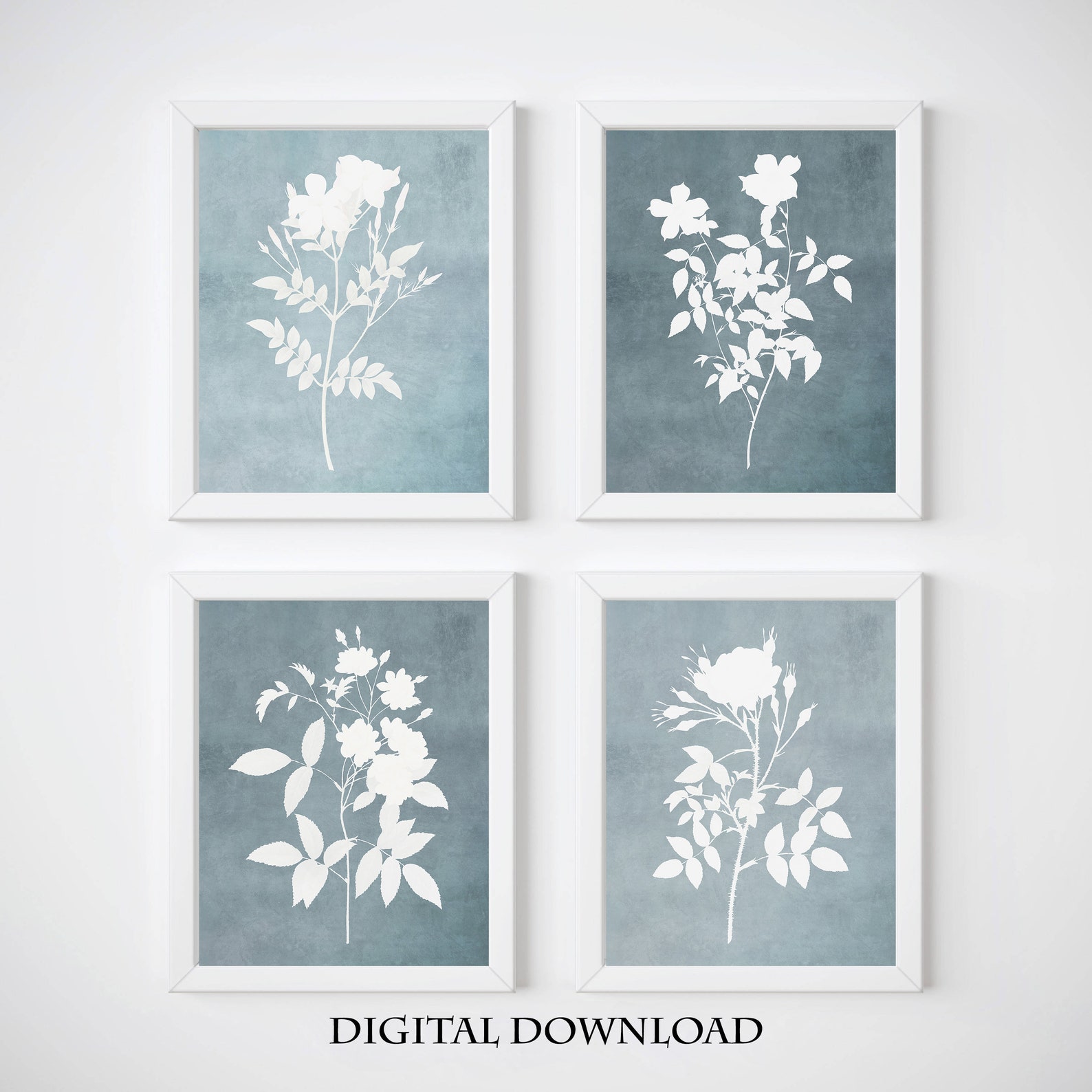 Blue Floral Wall Art Set of 4 Gallery Wall Printable Etsy
