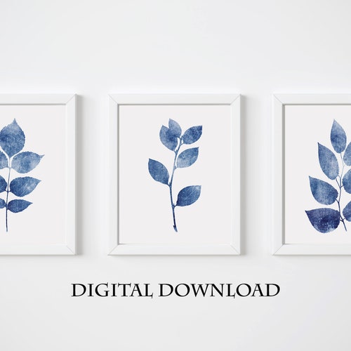 Downloadable Print Set of 3, Navy Blue Home Decor, Printable Botanical Wall Art