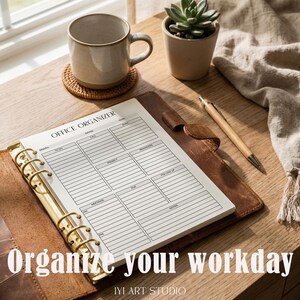 May include: A brown leather binder with gold rings containing a white paper insert titled OFFICE ORGANIZER. The page features lined sections for daily tasks, meetings, projects, and notes. The binder is open, displaying the printed planner page.