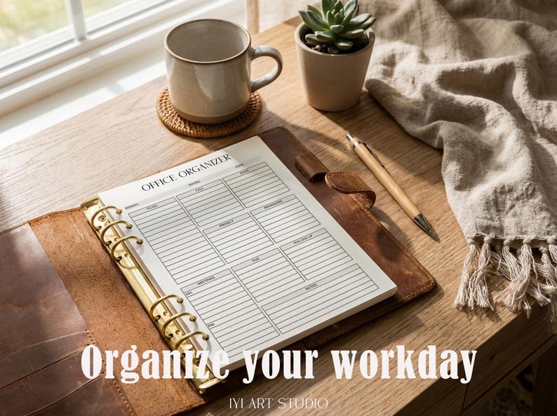 May include: A brown leather binder with gold rings containing a white paper insert titled OFFICE ORGANIZER. The page features lined sections for daily tasks, meetings, projects, and notes. The binder is open, displaying the printed planner page.