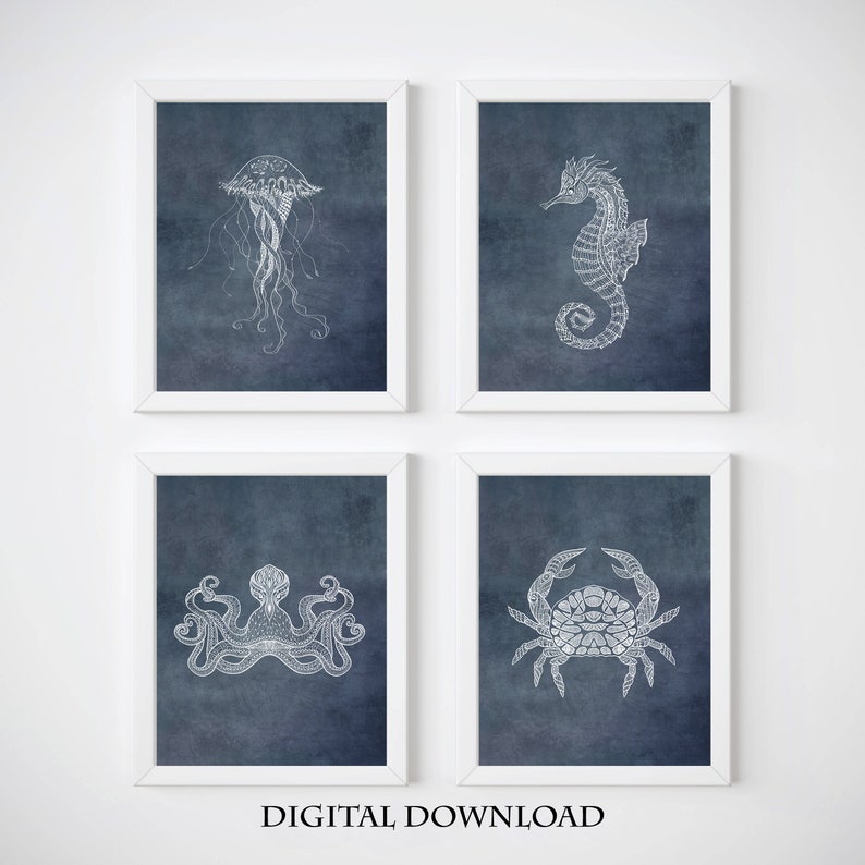 Blue Bathroom Wall Art Printable Watercolor Art Sea Animal - Etsy 日本
