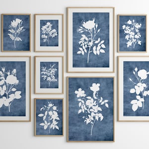 Navy Blue Wall Art Floral, Floral Art Print Set of 9, Botanical Art Print Download, Farmhouse Poster Blue