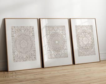 Neutral Boho Wall Prints, Mandala Wall Art, Beige Living Room Artwork, Bohemian Poster Set of 3