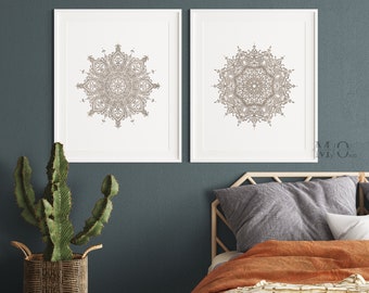 Beige Mandala Wall Art, Set of 2 Boho Printable Poster, Modern Mandala Art Print, Neutral Boho Home Decor