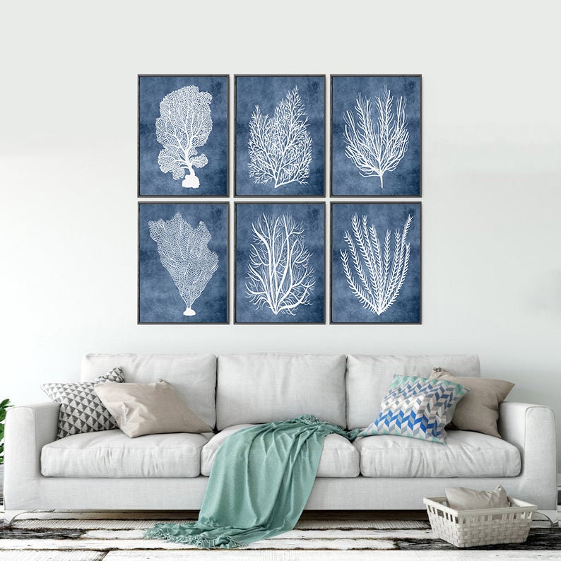Navy Blue Wall Art Bathroom Sea Coral Prints Beach House